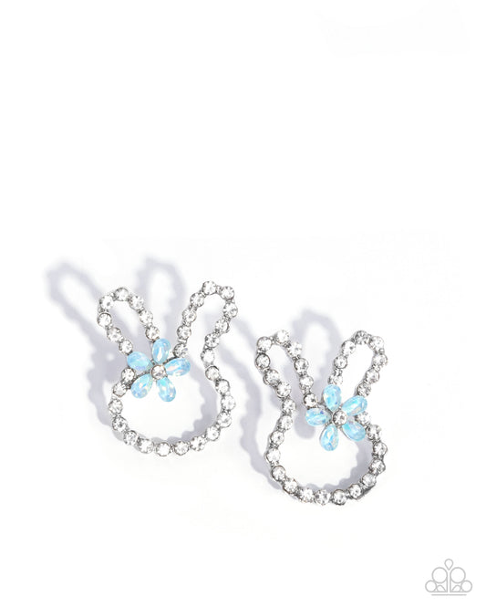 Bunny Backdrop - Blue Opalescent Flower & White Rhinestone Rabbit Easter Earring Paparazzi E2654