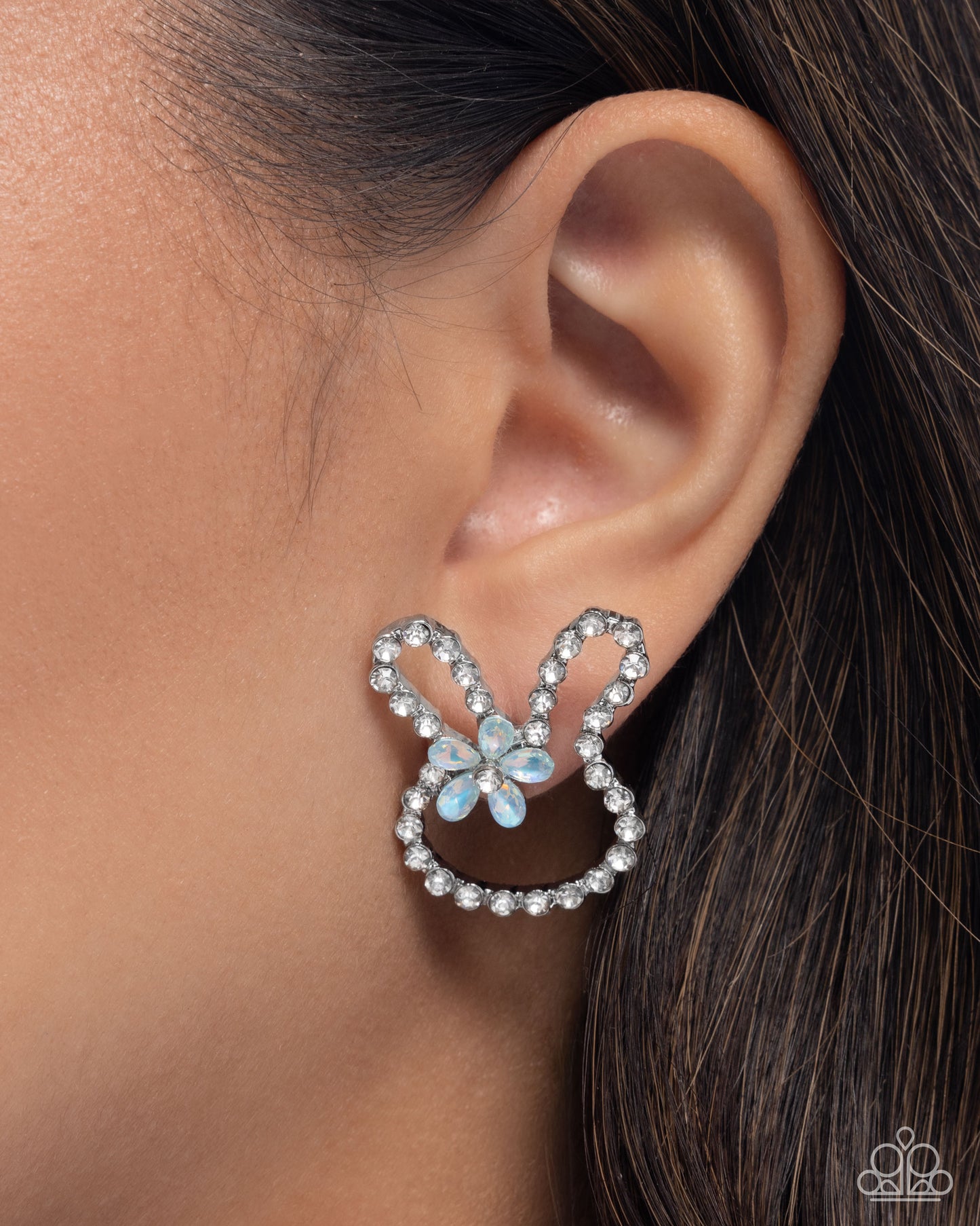 Bunny Backdrop - Blue Opalescent Flower & White Rhinestone Rabbit Easter Earring Paparazzi E2654
