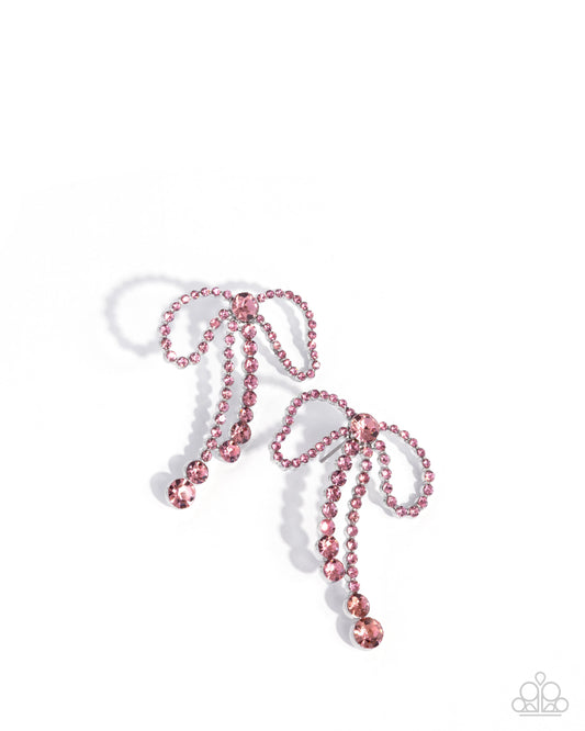 Black Tie Bow - Pink Light Rose Rhinestone Bow Earring Paparazzi E2967