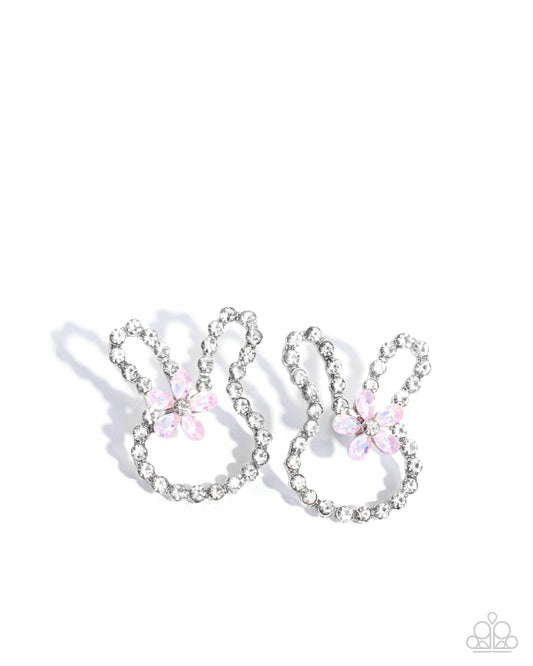 Bunny Backdrop - Pink Opalescent Gem Flower & White Rhinestone Easter Rabbit Post Earring Paparazzi E2651