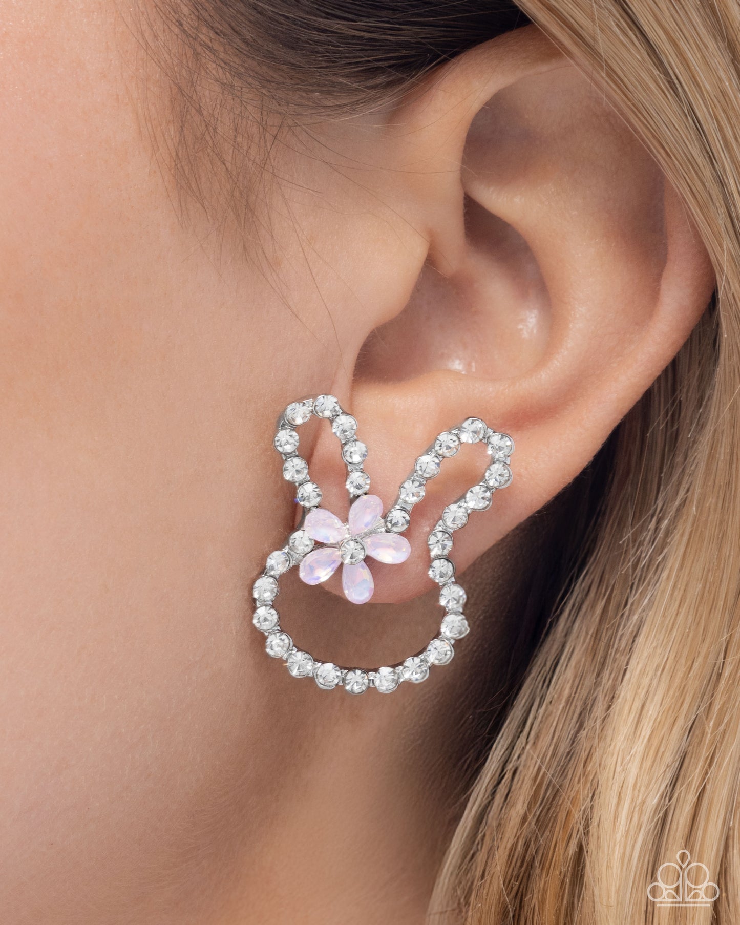 Bunny Backdrop - Pink Opalescent Gem Flower & White Rhinestone Easter Rabbit Post Earring Paparazzi