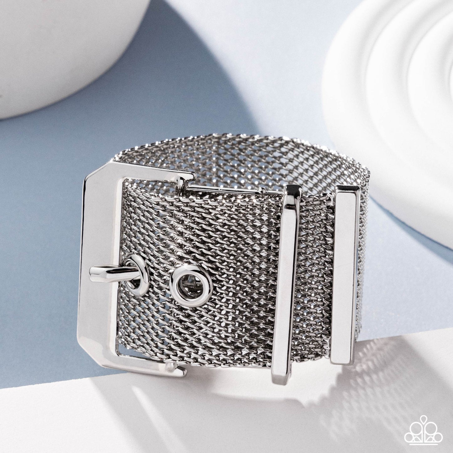 Defiant Display - Silver Buckle Style Mesh Bracelet Empower Me Pink 2025 Paparazzi