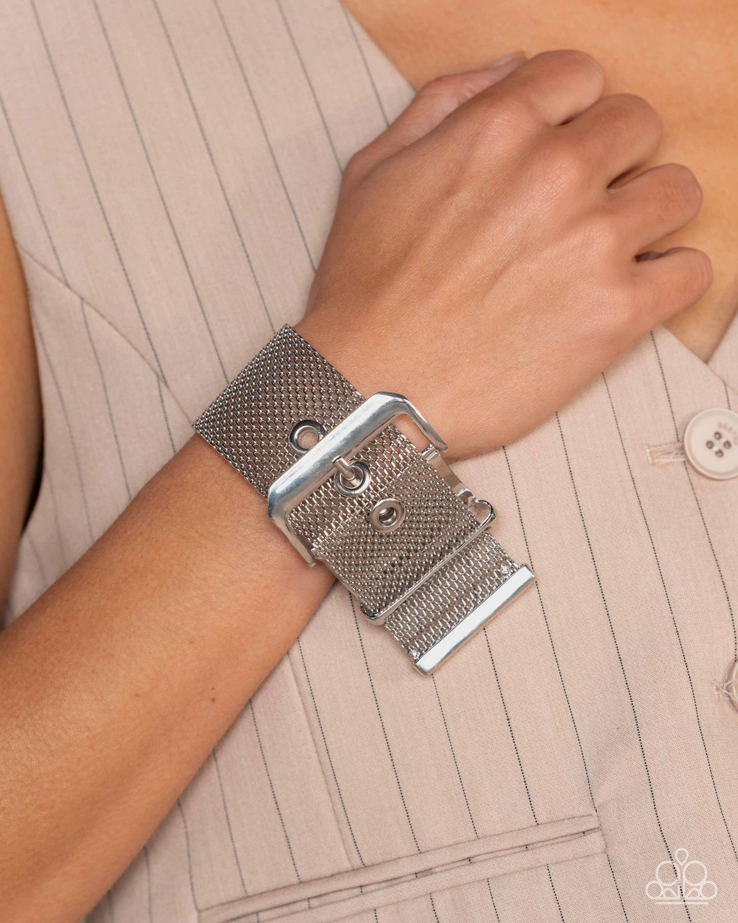 Defiant Display - Silver Buckle Style Mesh Bracelet Empower Me Pink 2025 Paparazzi