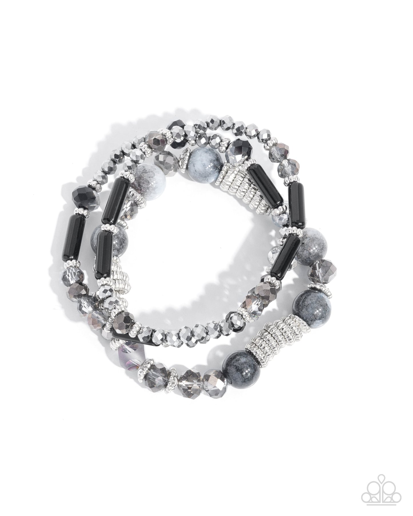 Colorful Conversation - Black, Shimmering Silver, Hematite Bead Stretch Bracelets Set of 3 Paparazzi B2166