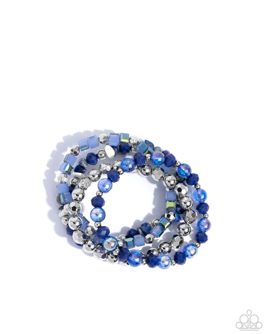 Supervisory Stack - Blue Lapis, Blue Iridescent, Silver, White, Bead Set Of 4 Stretch Bracelet Set Paparazzi B2256