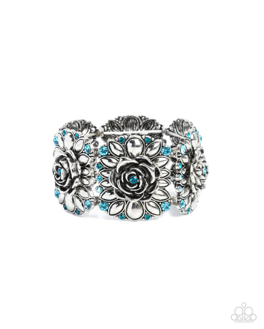 Blooming Balance - Blue Ziron & Aquamarine Rhinestone Rose Flower Stretch Bracelet Paparazzi B2326