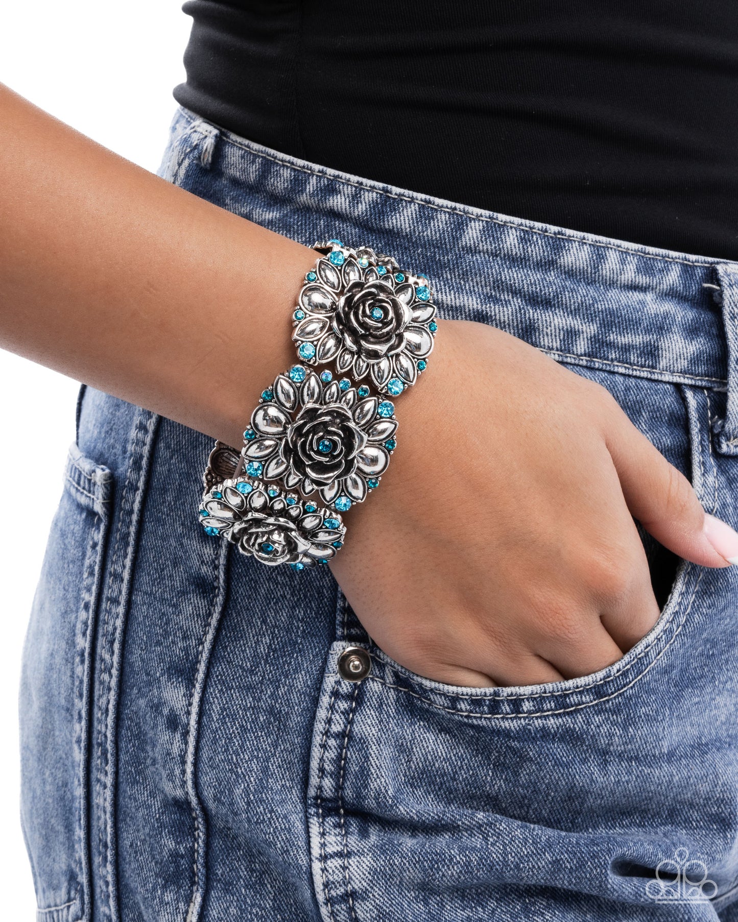 Blooming Balance - Blue Ziron & Aquamarine Rhinestone Rose Flower Stretch Bracelet Paparazzi B2326