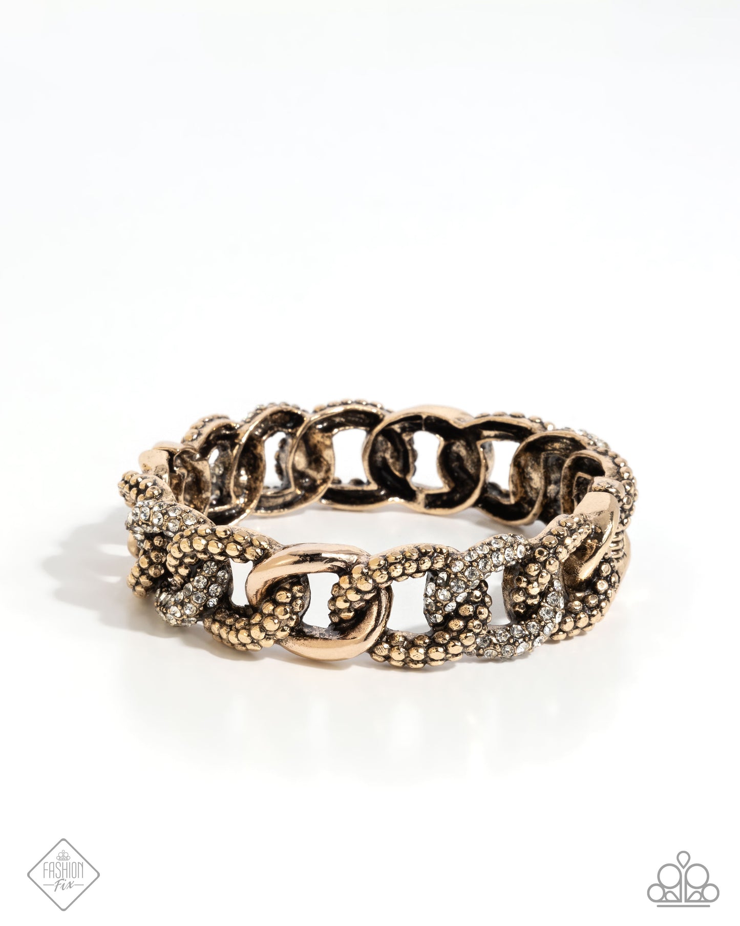 Assertive Austerity - Gold & White Rhinestone Stretch Bracelet Magnificent Musings Fashion Fix March 2025 Paparazzi