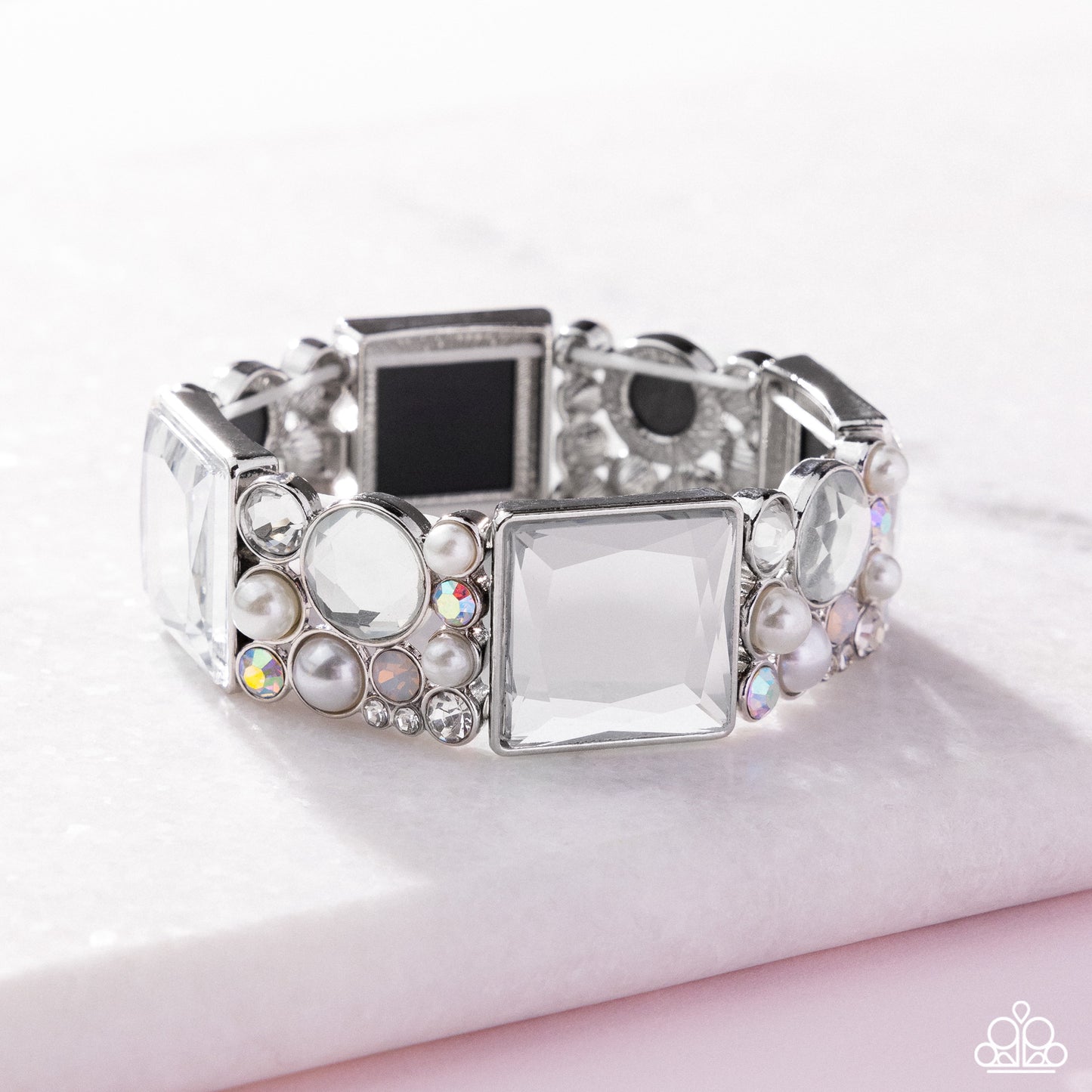 Glam to the Max - White Pearl, Iridescent, Opalescent & Clear Gem Stretch Bracelet Paparazzi Empower Me Pink 2025