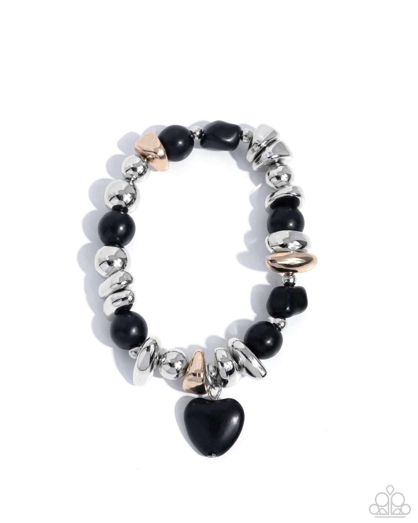 Adorably Asymmetrical - Black Stone Heart, Pebble & Silver Bead Stretch Santa Fe Style Bracelet Paparazzi