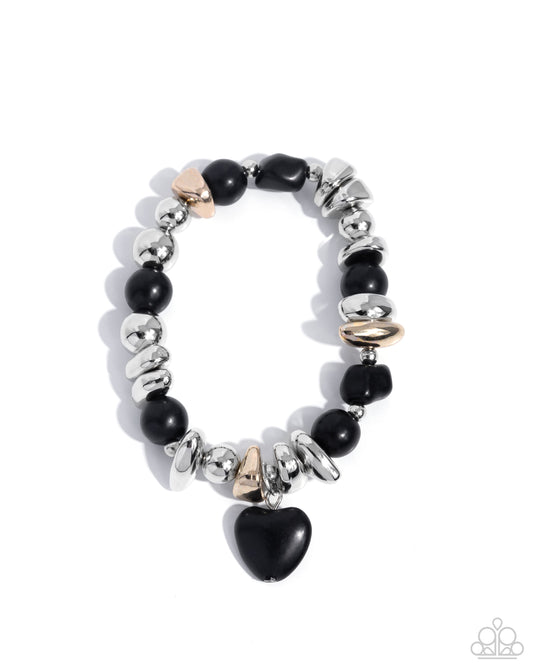 Adorably Asymmetrical - Black Stone Heart, Pebble & Silver Bead Stretch Santa Fe Style Bracelet Paparazzi B2109