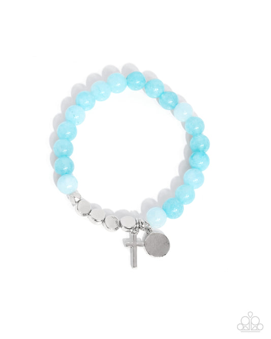 Devout Debut - Blue Stone Bead Silver Cross Stretch Bracelet Paparazzi B2103