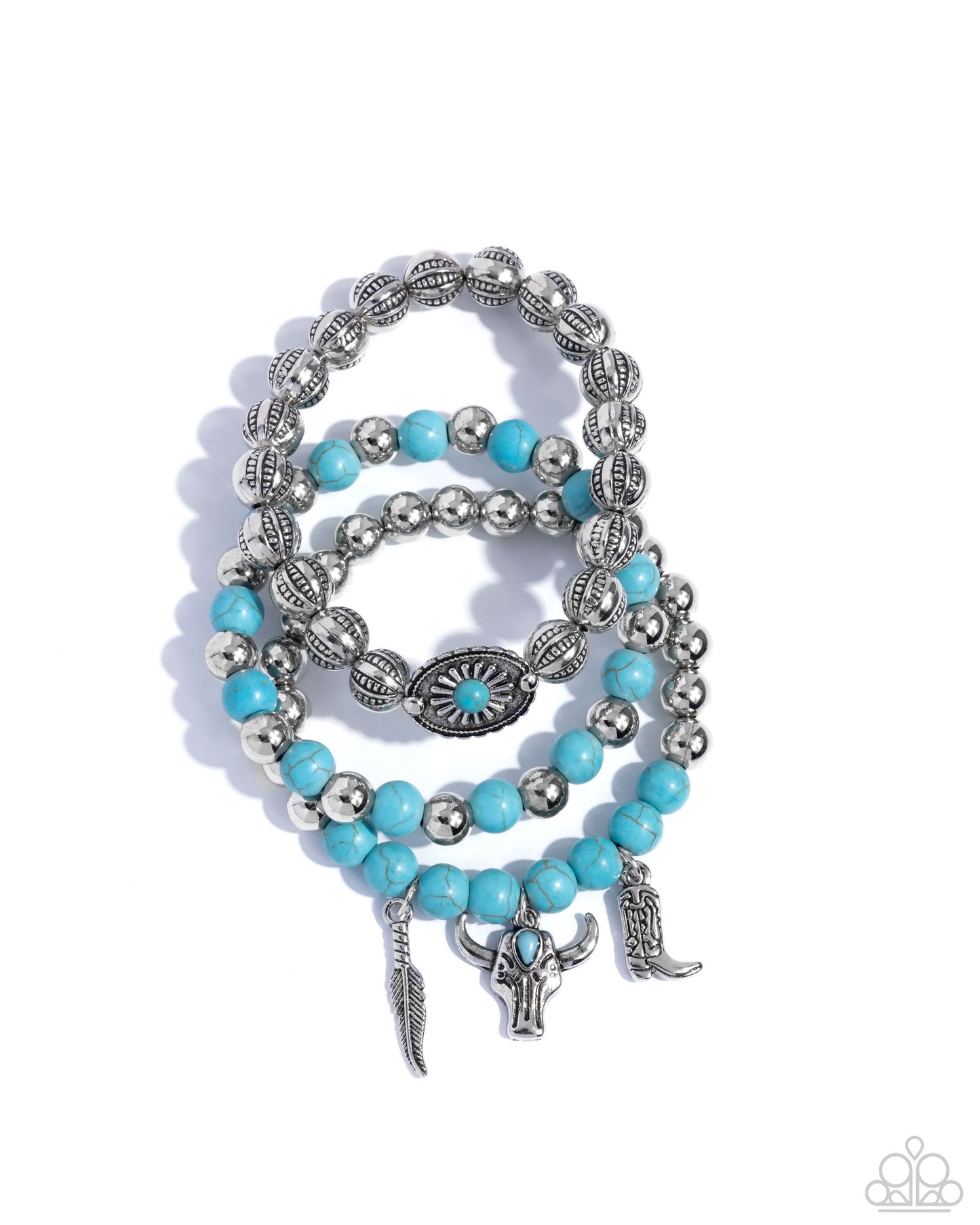 Paparazzi Western Wardrobe - Blue Turquoise Stone & Silver Charm Stretch Santa Fe Style Bracelet B2650