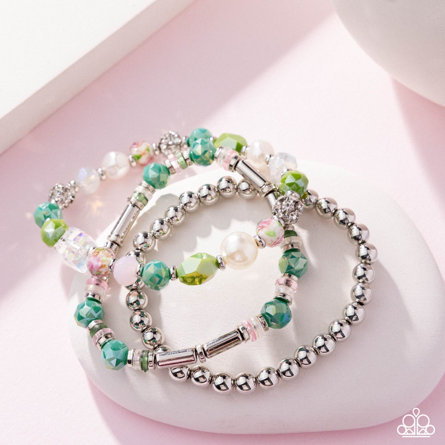 Nonstop Nostalgia - Multicolored & Iridescent Glass, White Rhinestone Bead Stretch Bracelet Paparazzi Empower Me Pink 2025