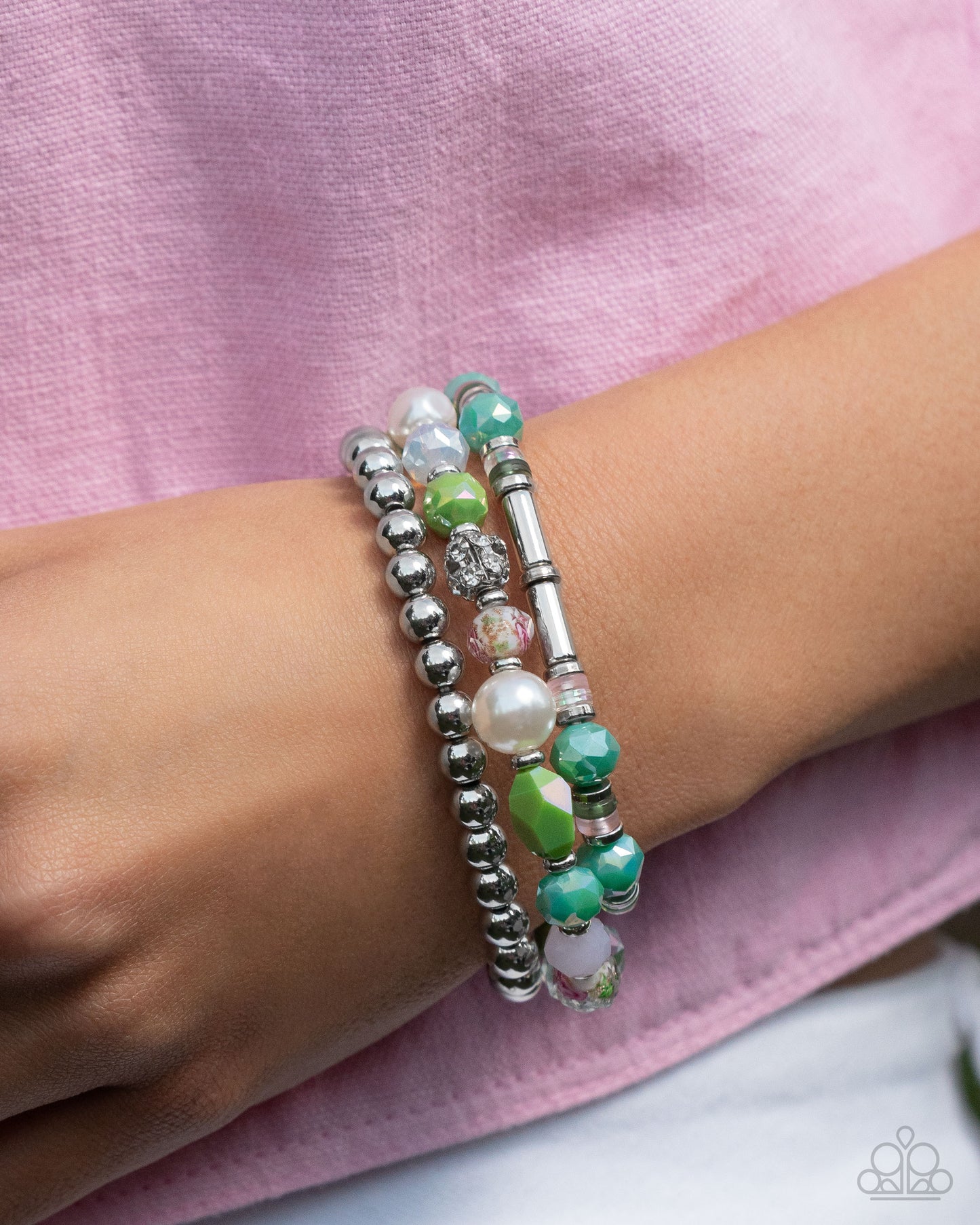 Nonstop Nostalgia - Multicolored & Iridescent Glass, White Rhinestone Bead Stretch Bracelet Paparazzi Empower Me Pink 2025