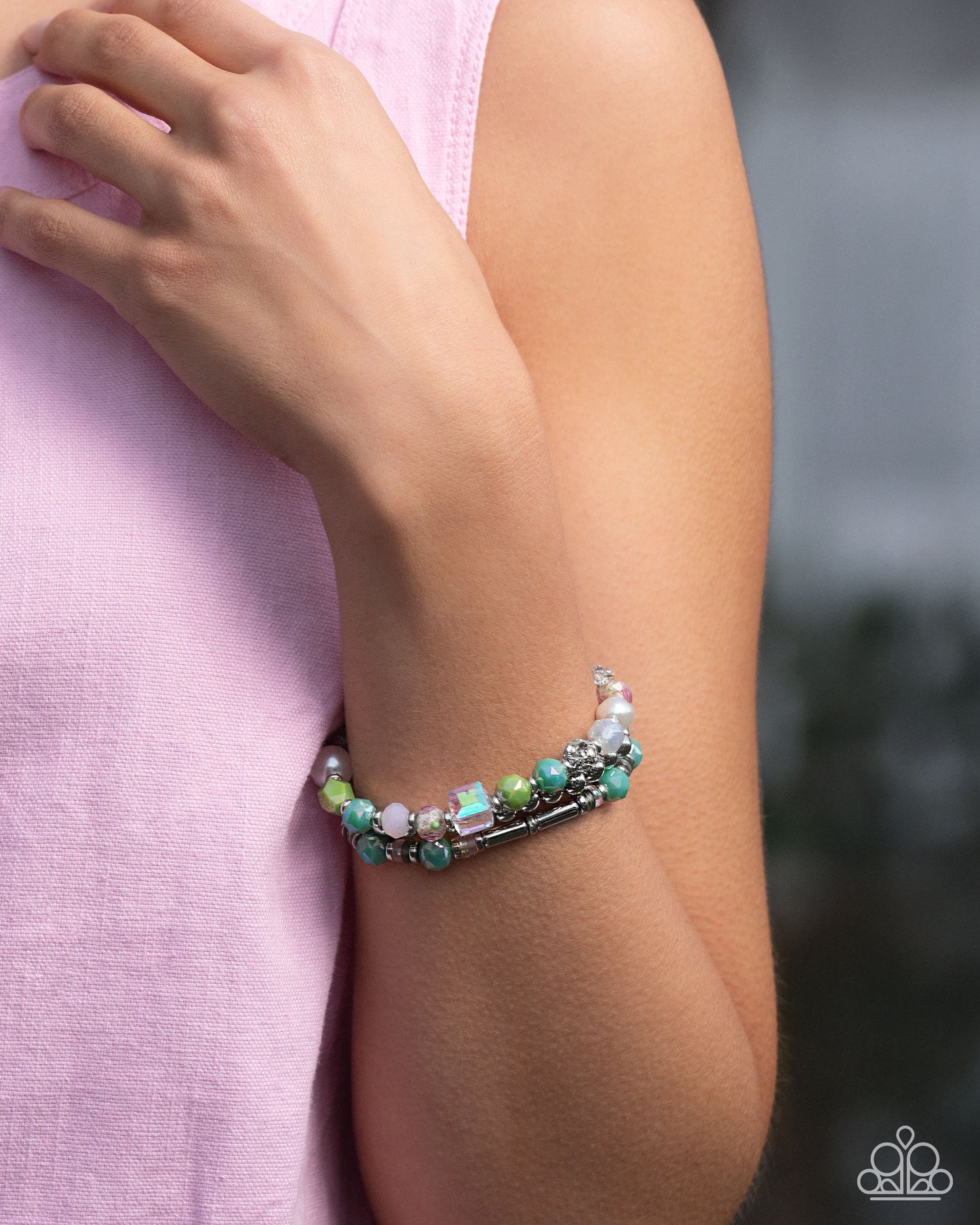 Nonstop Nostalgia - Multicolored & Iridescent Glass, White Rhinestone Bead Stretch Bracelet Paparazzi Empower Me Pink 2025