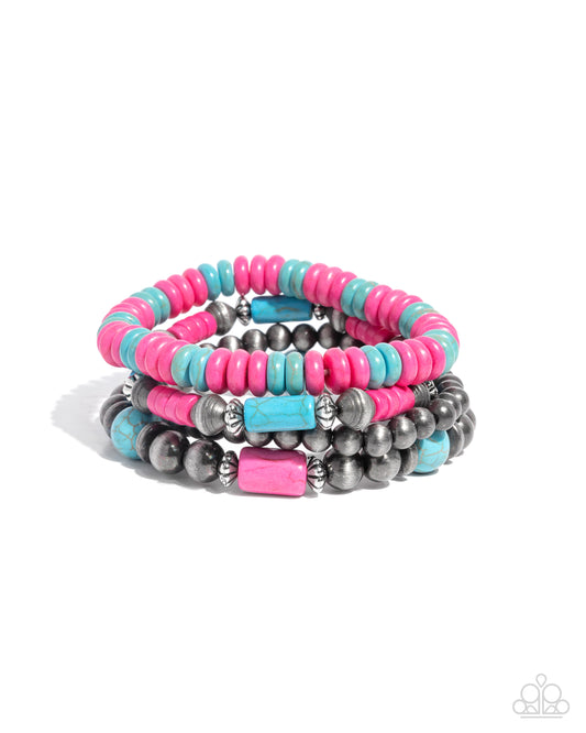 Adorably Abundant - Pink, Blue Stone & Navajo Pearl Bead Set Of 4 Stretch Bracelet Santa Fe Style Paparazzi B2005