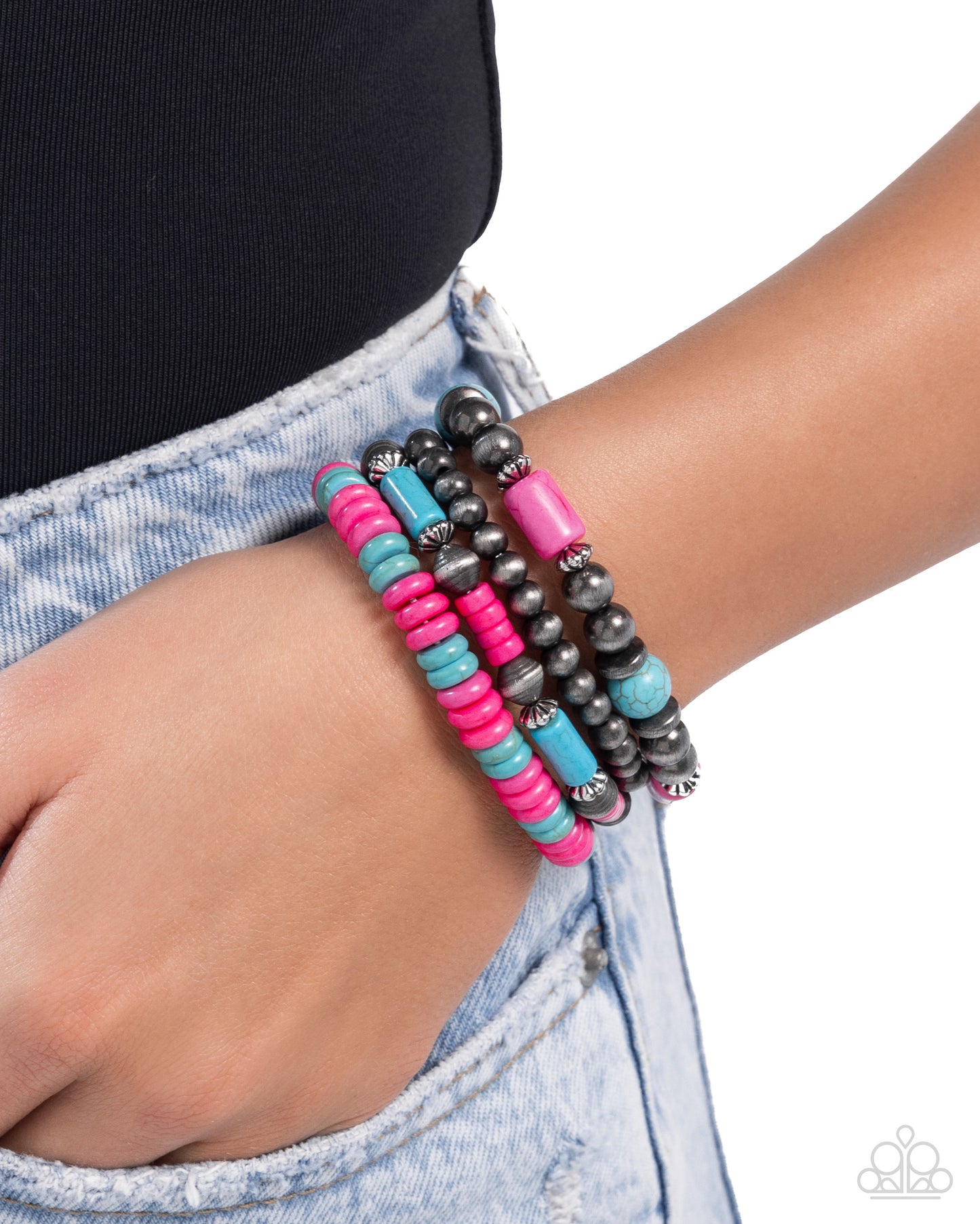 Adorably Abundant - Pink, Blue Stone & Navajo Pearl Bead Set Of 4 Stretch Bracelet Santa Fe Style Paparazzi B2005