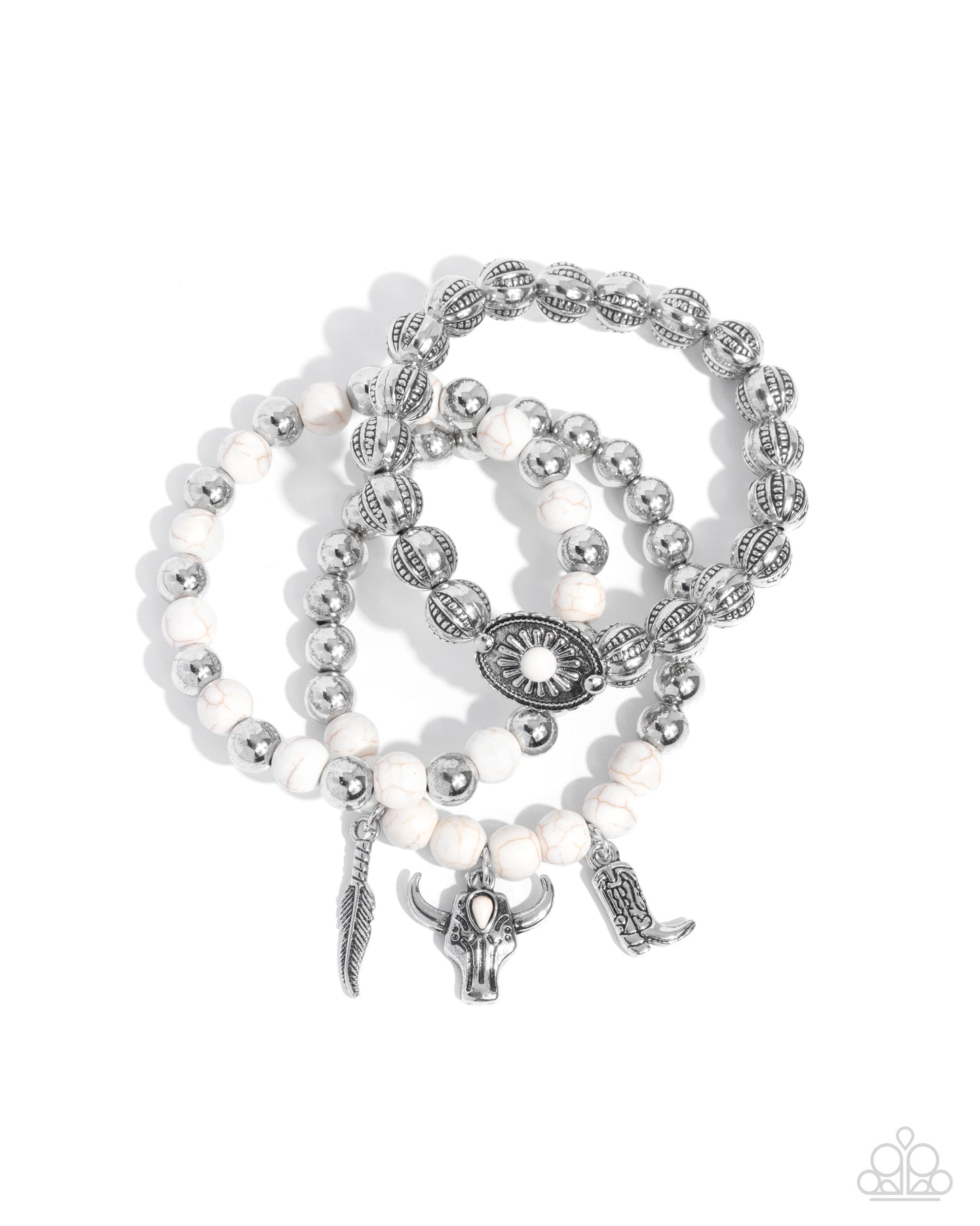 Paparazzi Western Wardrobe - White Stone Silver Santa Fe Style Charm Bull Skull, Cowboy Boot & Feather Set Of 3 Stretch Bracelets B2665