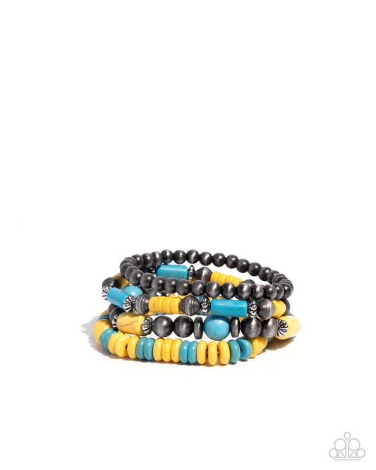 Adorably Abundant - Yellow, Blue Turquoise Stone & Navajo Pearl Bead Set Of 4 Stretch Bracelets Santa Fe Style Paparazzi B2277