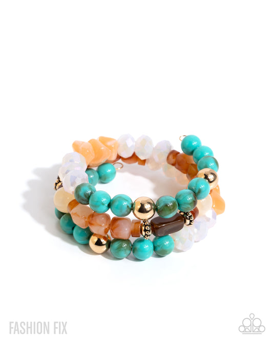 Sincere Stack - Multi Gold, Turquoise, Tiger's Eye, White Bead Coil Bracelet May 2025 Glimpses Of Malibu Fashion Fix Paparazzi B2223