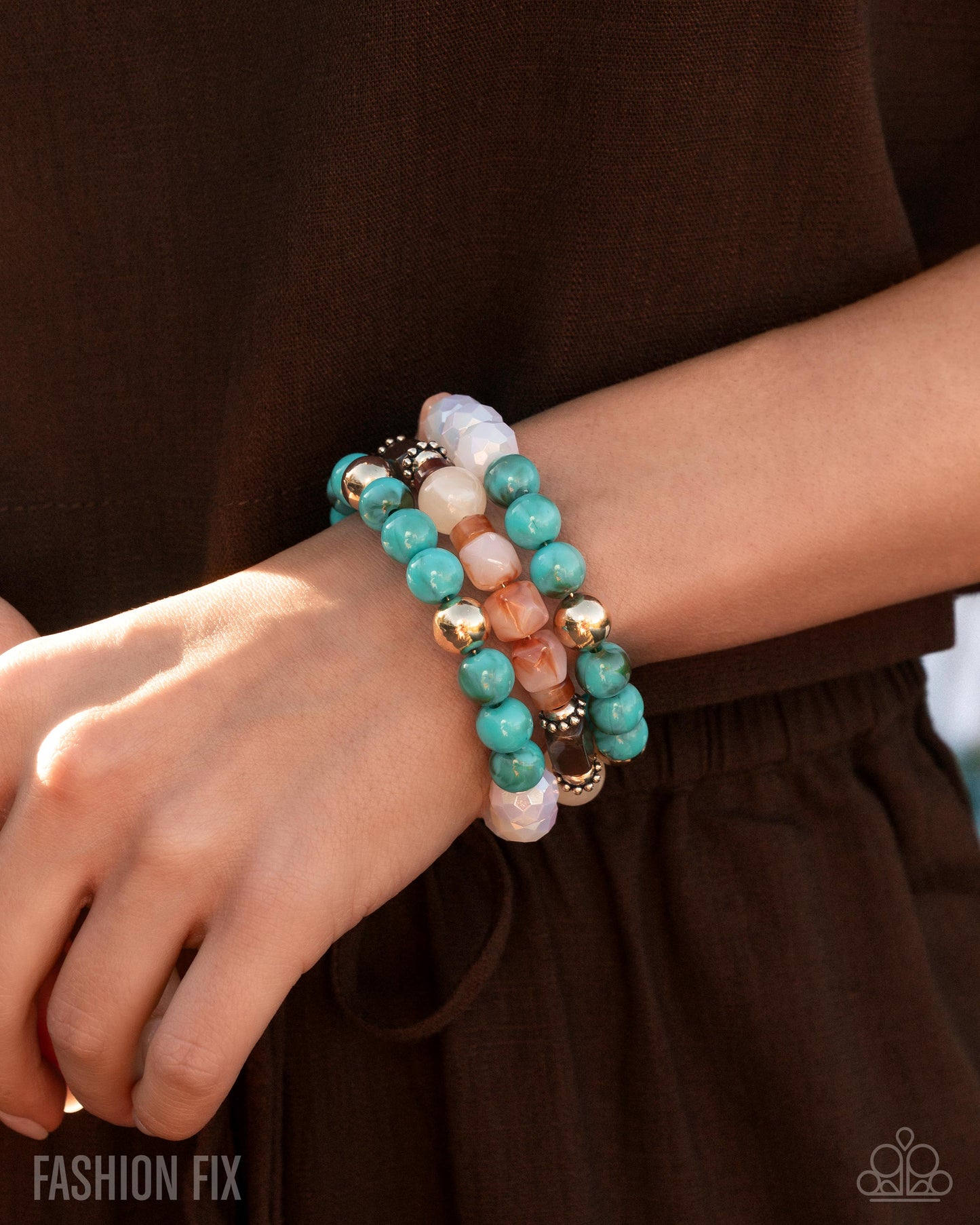 Sincere Stack - Multi Gold, Turquoise, Tiger's Eye, White Bead Coil Bracelet May 2025 Glimpses Of Malibu Fashion Fix Paparazzi B2223