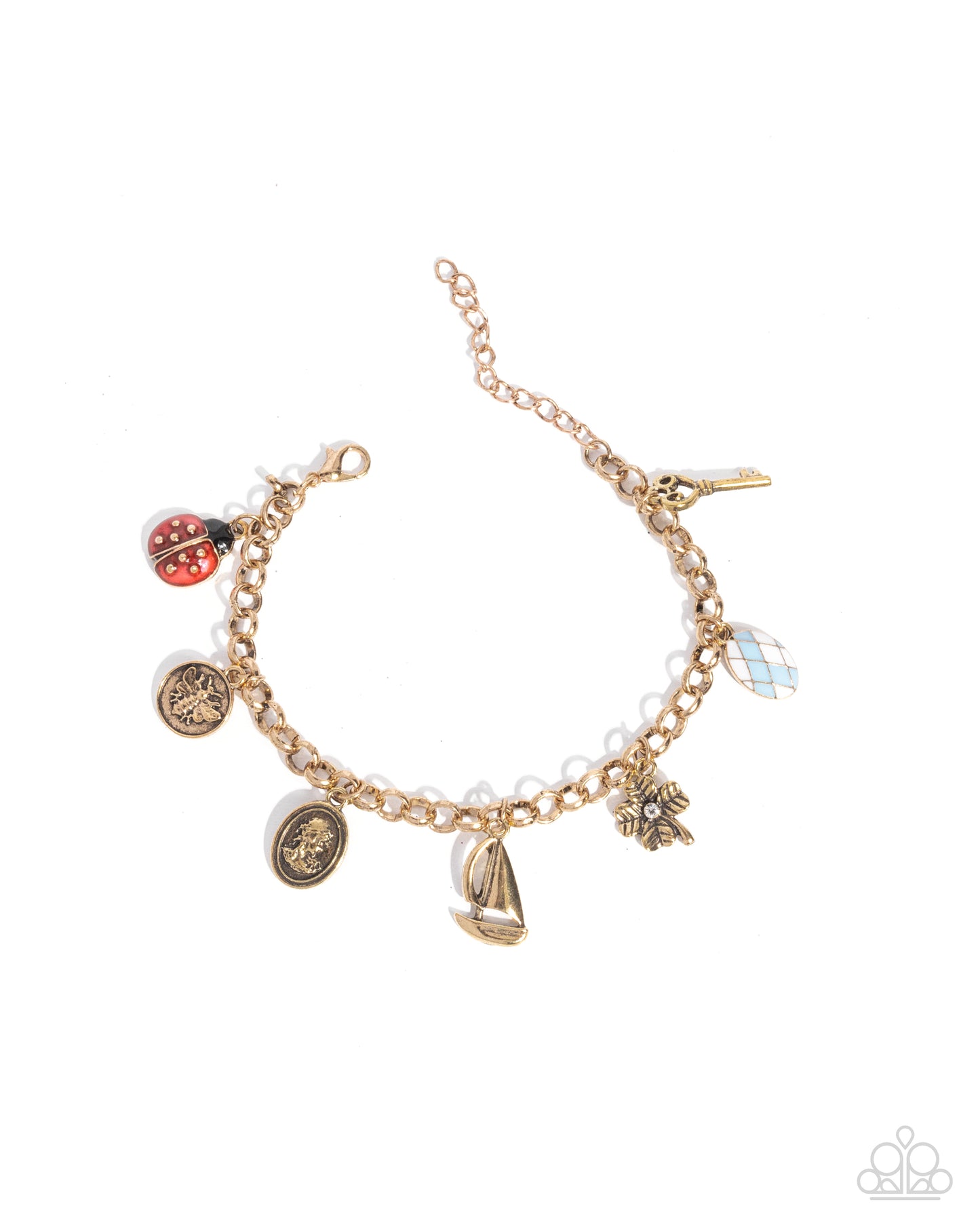 Sailing Through Life - Gold - Antiqued Gold Charms (Bee, Key, Cameo, Flower, Sailboat, Ladybug) Beach Vibe Bracelet  Paparazzi B2073