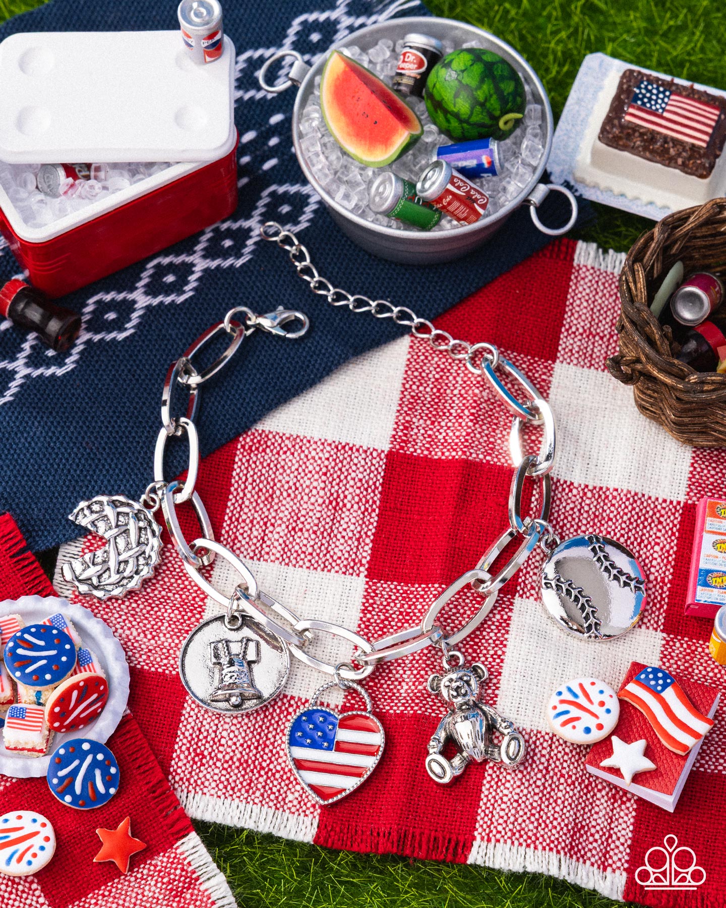 Adorably All American - Red, White & Blue Charm, Liberty Bell, Flag, Teddy Bear, Baseball Patriotic Charm Bracelet Paparazzi B2285