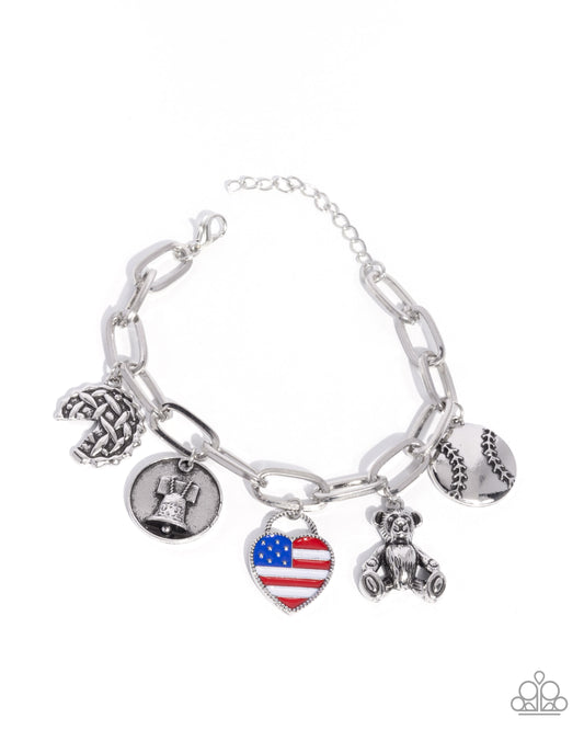 Adorably All American - Red, White & Blue Charm, Liberty Bell, Flag, Teddy Bear, Baseball Patriotic Charm Bracelet Paparazzi B2285