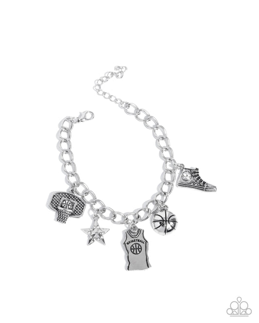 Jersey Journey - White Silver Basketball Theme Charm Style Bracelet Paparazzi B2031