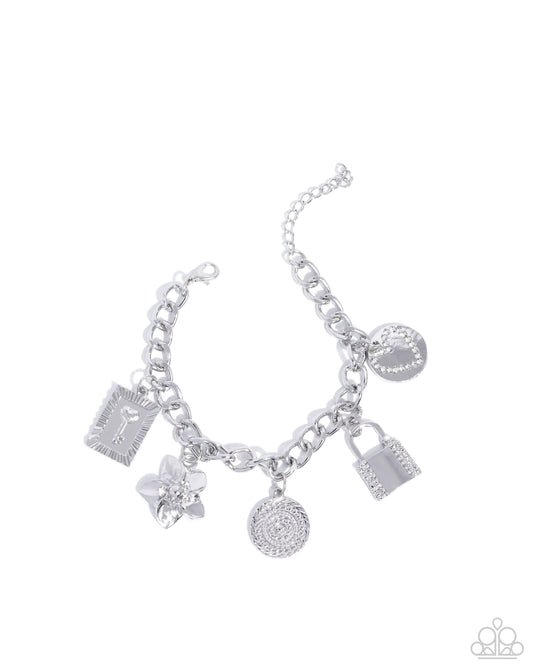Monochromatic Mayhem - White Rhinestone Charm Style Bracelet Paparazzi B2356