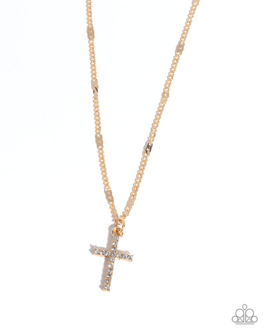 Endless Faith - Gold Dainty White Rhinestone Cross Necklace Paparazzi N3054