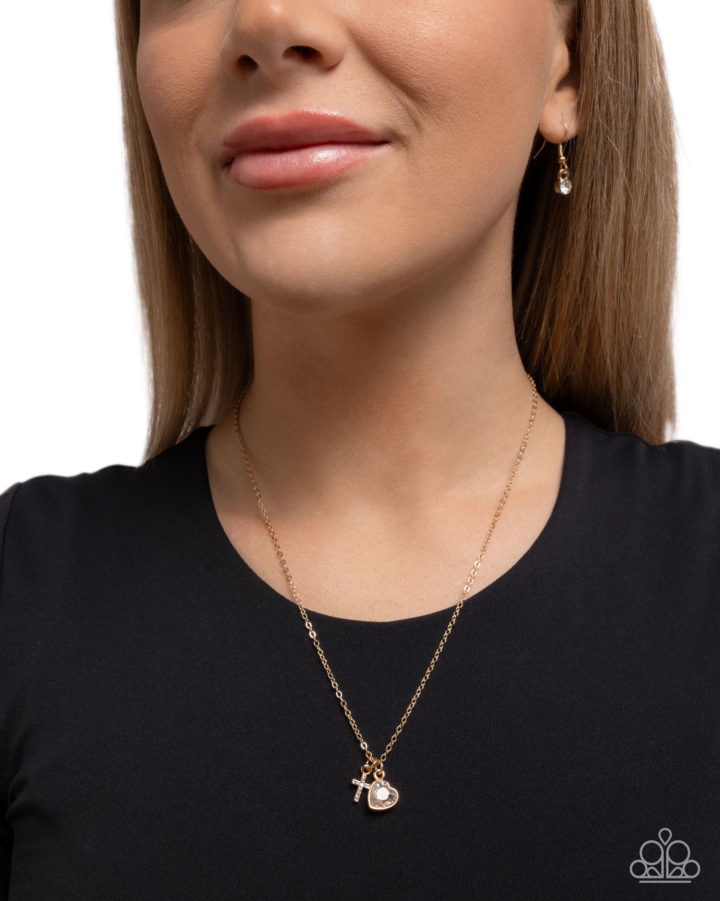 Blessed Brilliance - Gold White Rhinestone Cross & Heart Gem Necklace Paparazzi N3210
