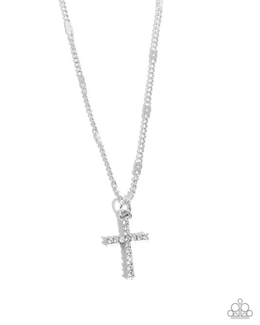 Endless Faith - White Rhinestone Silver Cross Necklace Paparazzi N3055