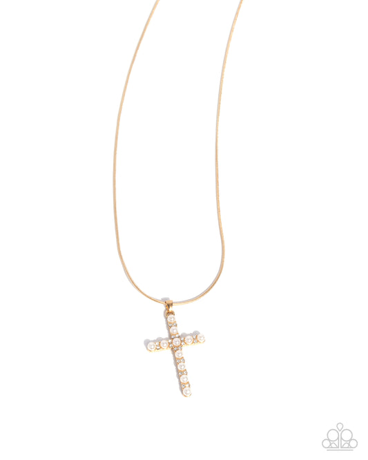 Holy Harmony - Gold Snake Chain & White Pearl Cross Pendant Necklace Paparazzi N3244