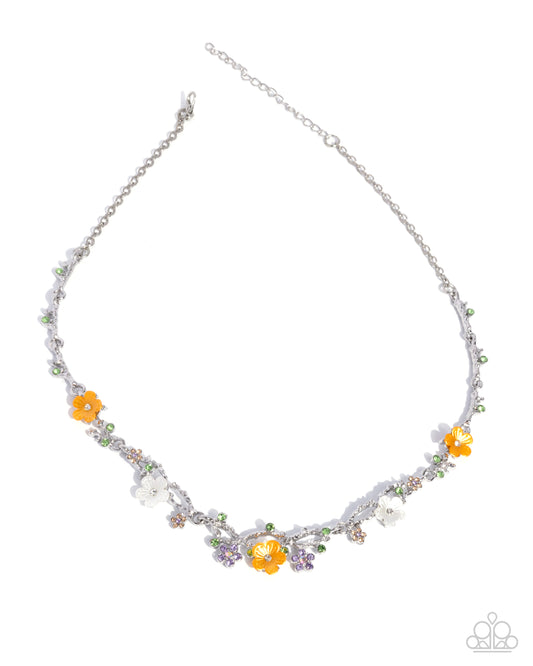 Paparazzi Floral Free Time - Orange, White Painted Flower Lavender, Peach & Green Rhinestone Necklace N4039