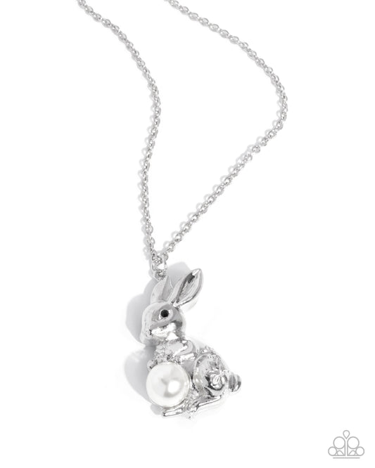 Easter Bunny - White Pearl Silver Easter Bunny Pendant Necklace Paparazzi N2975