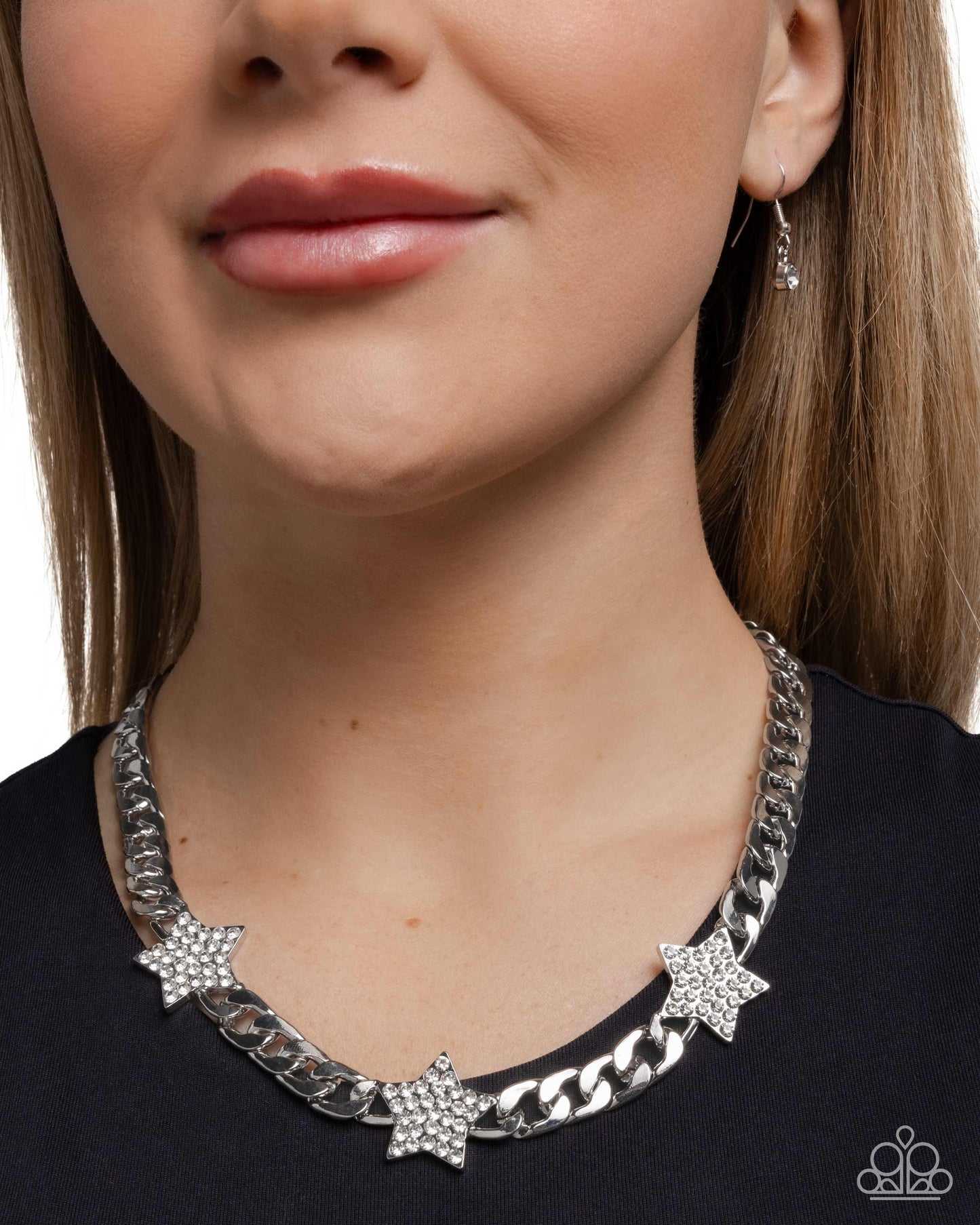 Uncle Sam Stars - White Rhinestone Stars & Silver Curb Chain Patriotic Necklace Paparazzi N3383