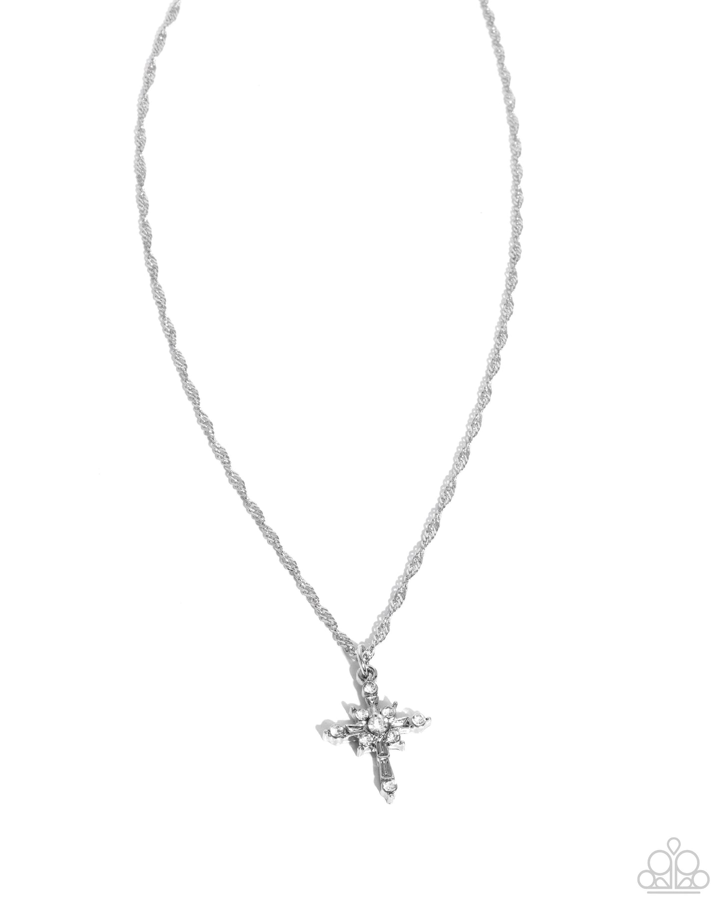 Graceful Glory - White Rhinestone Silver Chain Cross Pendant Necklace Paparazzi N3268
