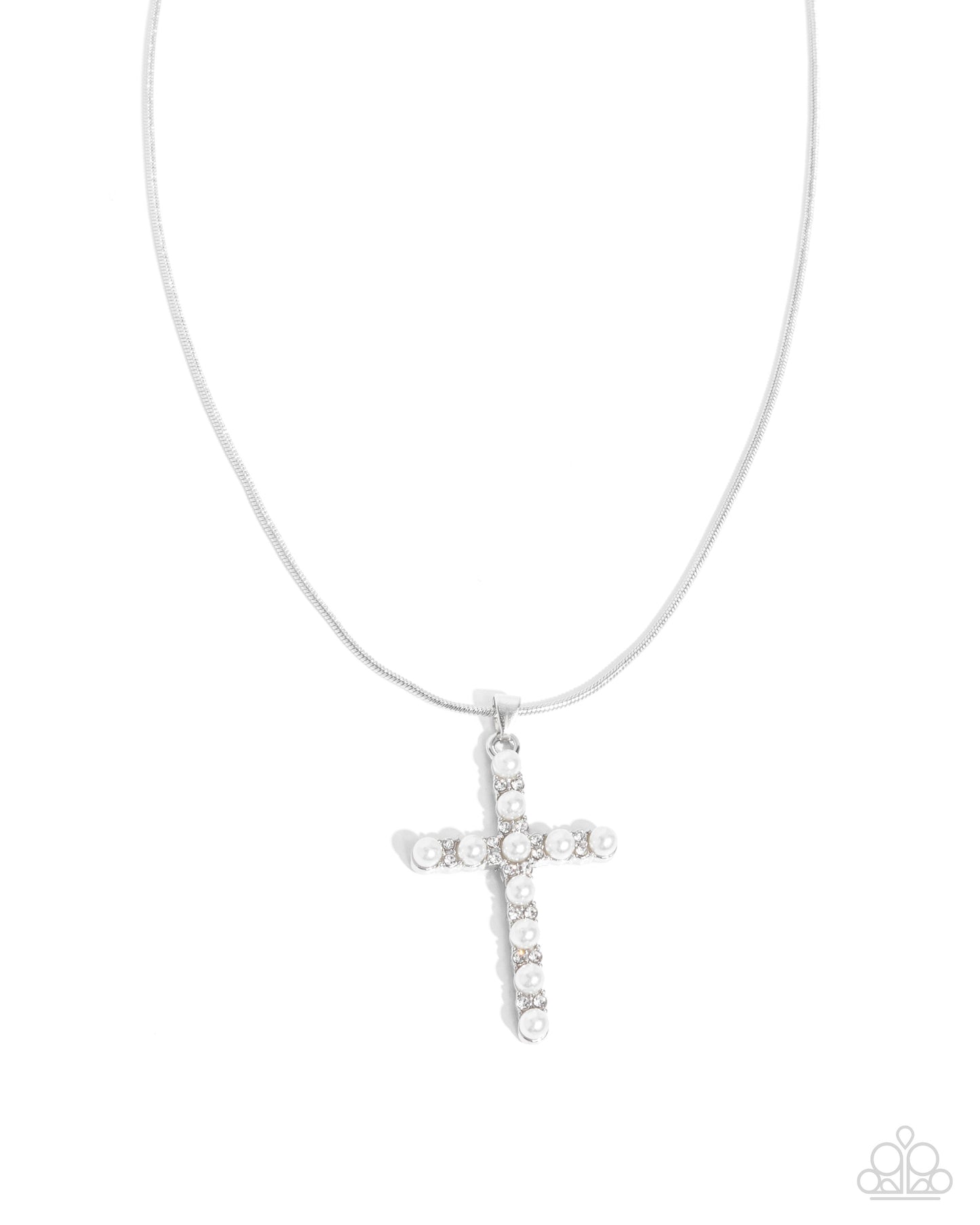 Holy Harmony - White Pearl Silver Snake Chain Cross Necklace Paparazzi N3496