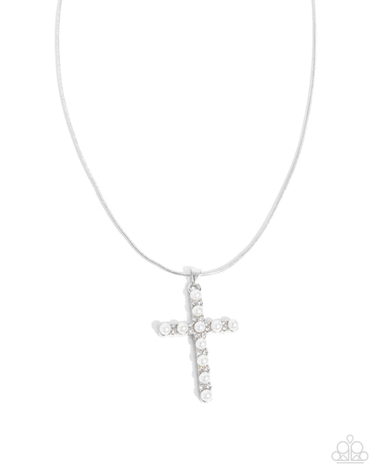 Holy Harmony - White Pearl Silver Snake Chain Cross Necklace Paparazzi N3496