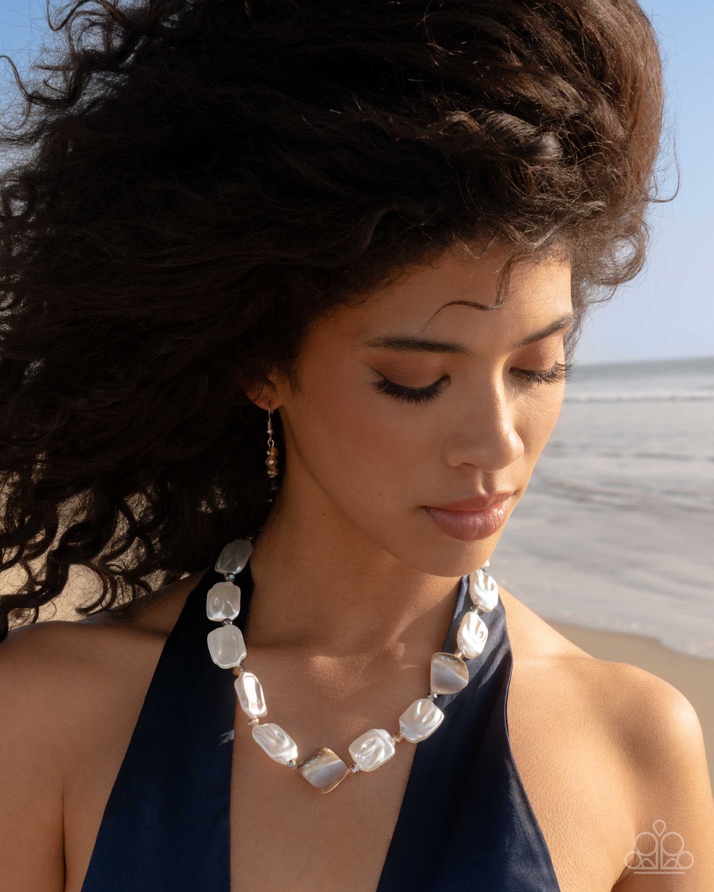 Crimped Collage - Multi White Baroque Pearl, Brown Shell Inspired Bead, UV Brown Crystal Necklace Paparazzi N3387