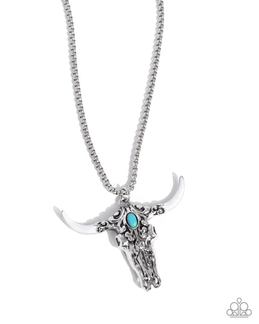 Longhorn Legacy - White Horn Silver Bull Skull Pendant Santa Fe Style Necklace Paparazzi N3171