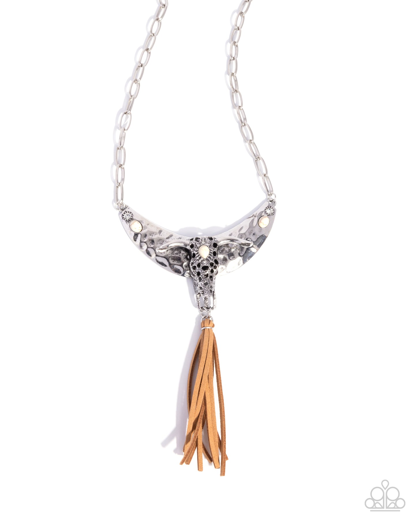 Limitless Longhorn - White Teardrop Stone Silver Bull Skull Pendant Santa Fe Style Necklace Paparazzi N2937