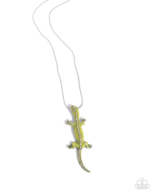 Salamander Statement - Green Painted & White Rhinestone Salamander Pendant Necklace Paparazzi N3273
