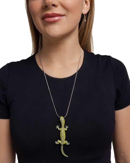 Salamander Statement - Green Painted & White Rhinestone Salamander Pendant Necklace Paparazzi N3273