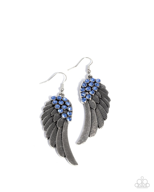 Angelic Abundance - Blue Light Sapphire Rhinestone Silver Angel Wing Earring Paparazzi E2885