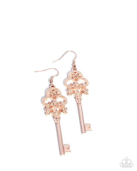 Chateau Chic - Rose Gold Filigree Key Earring Paparazzi E2762