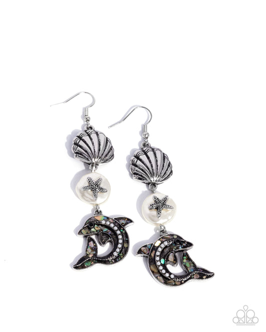 Delightful Dolphin - White Pearl Embellished Silver Dolphin & Silver Starfish Earring Paparazzi E2728