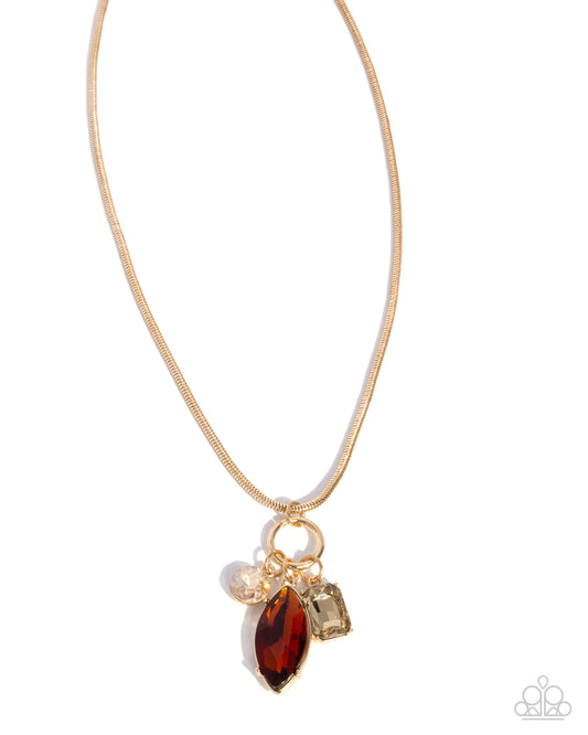 Lively Luminescence - Brown Tea Gem, Champagne Rhinestone & Smoky Gem Gold Snake Chain Necklace Paparazzi N2948